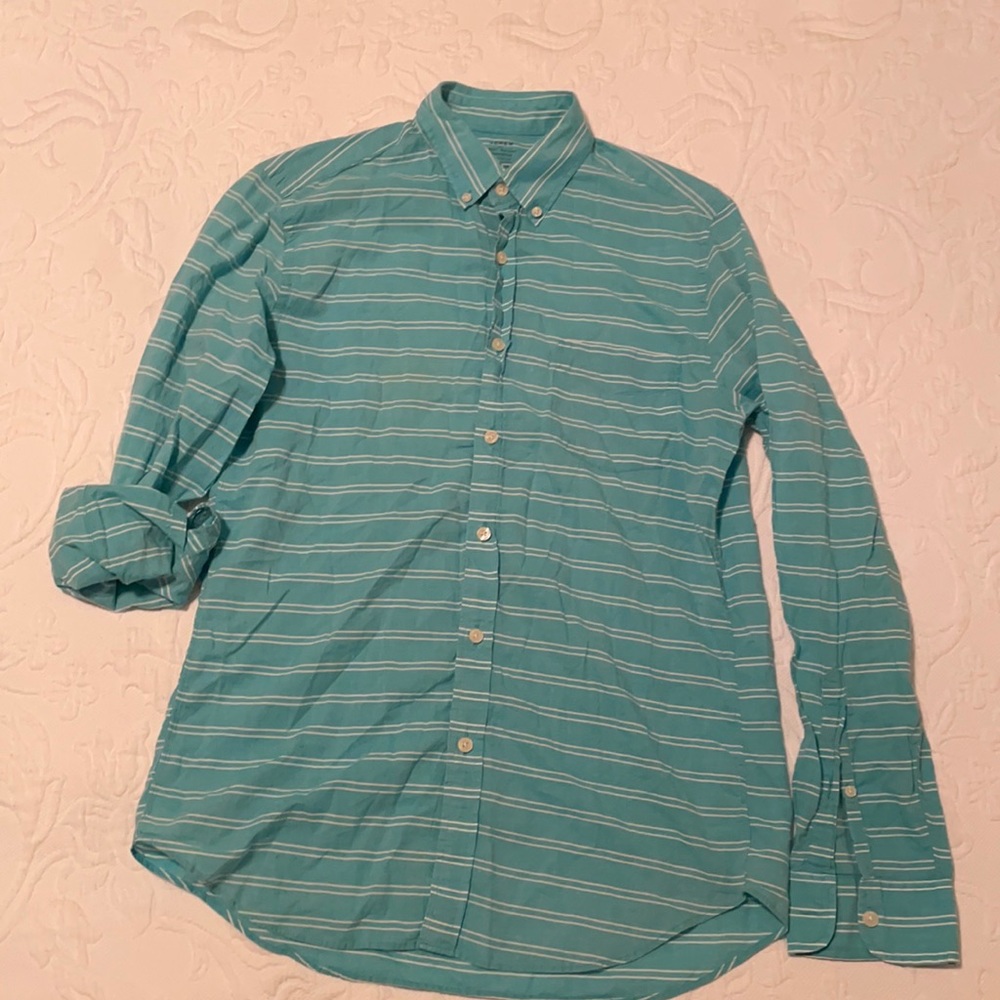 JCrew Teal White Striped Button-down Shirt Medium